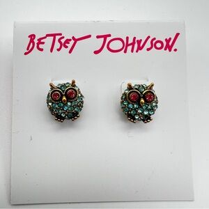 Signed Betsey Johnson Pave Owl Stud Earrings - Gold, Pink, and Turquoise Blue
